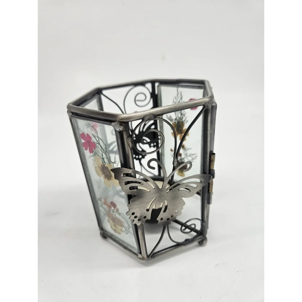 Vintage Dried Pressed Flower Glass Candle Tea Light Votive Holder Square Silver